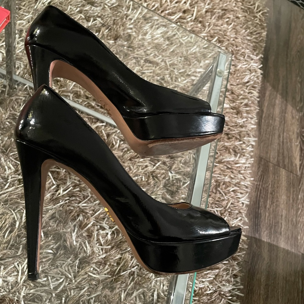 Prada Sz 39 Black Patent Leather Peep Toe Heels Hot Hot Hot sexy high heels - Picture 7 of 11